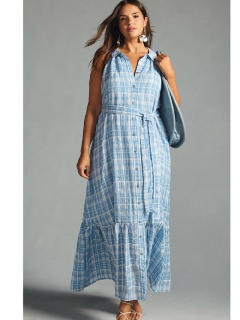 Anthropologie Light Blue Plaid Maxi Dress